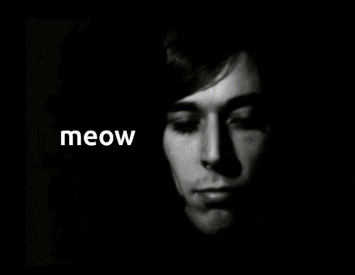 a black and white photo of a man 's face with the word meow above it
