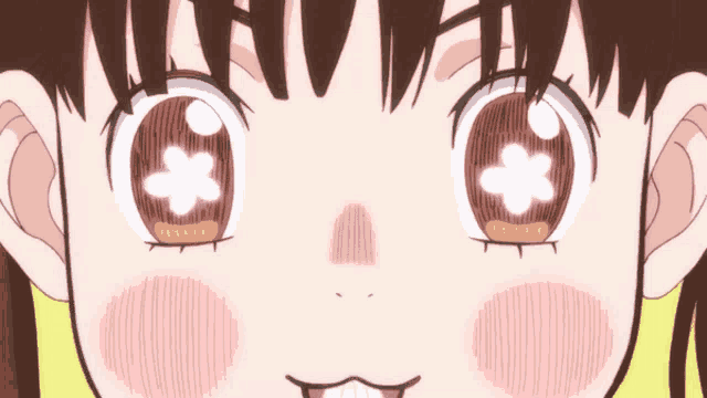 a close up of a girl 's eyes with a flower in the middle