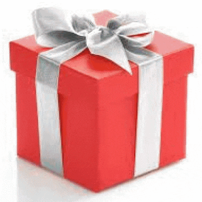 a red gift box with a silver ribbon and bow on a white surface .