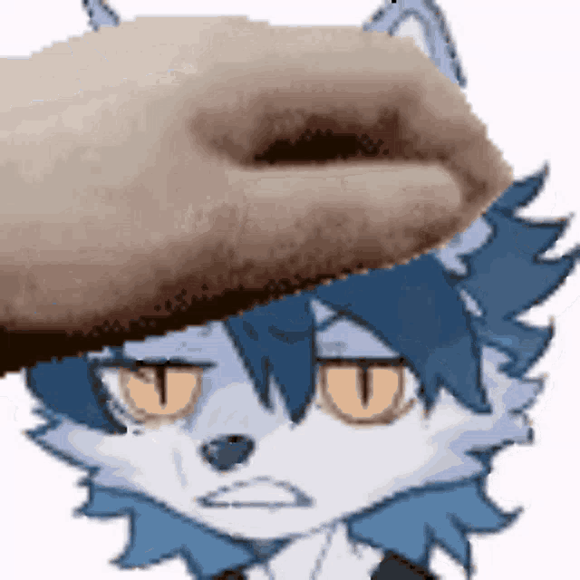 a cartoon character with blue hair and yellow eyes is being touched by a person .