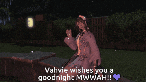 a video game character wishes you a goodnight mwwah