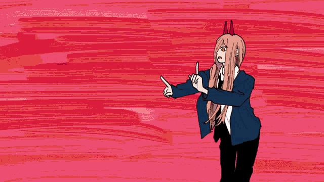a girl with long pink hair is wearing a suit and tie and giving a thumbs up sign .