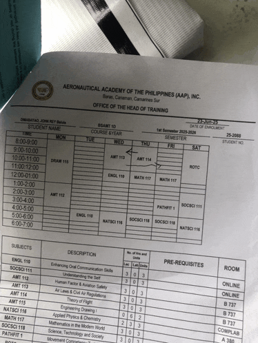 a schedule for the aeronautical academy of the philippines ( aap ) inc.