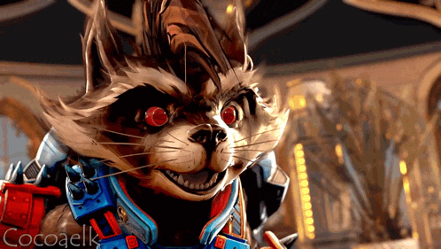 a picture of rocket raccoon from guardians of the galaxy with the words cocoaelk below it
