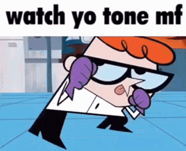 dexter from dexter 's laboratory is wearing purple boxing gloves and talking on a phone .