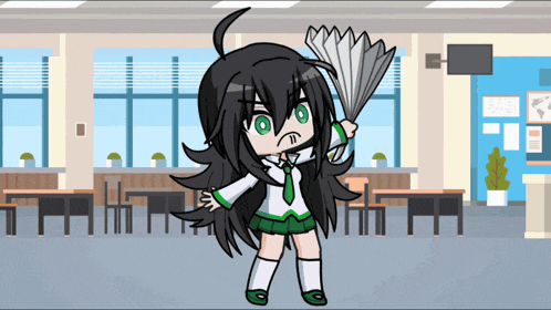 a girl in a school uniform is holding a fan in a classroom