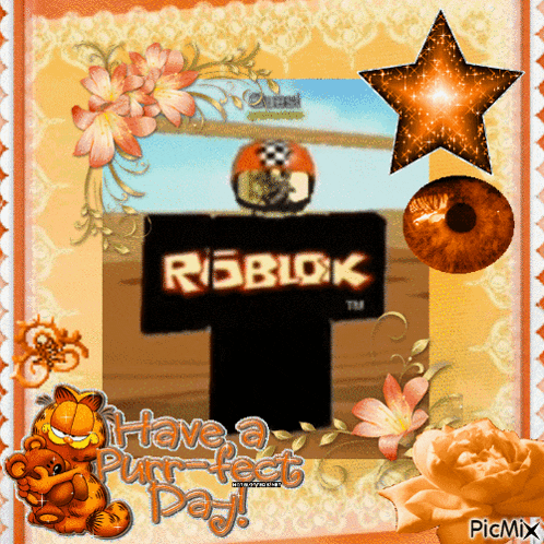 a picture of a roblox character with garfield and flowers