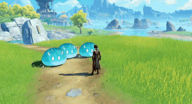 a man in a video game is standing in front of a large stone pillar
