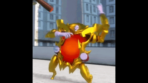 a cartoon character is wearing a gold armor and holding a red object .
