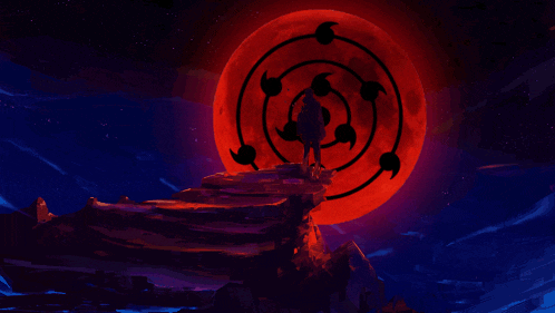 a painting of a man standing in front of a red moon