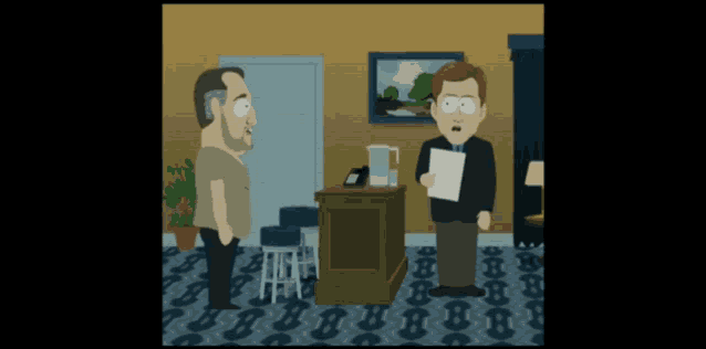 a cartoon of a man holding a piece of paper standing next to another man