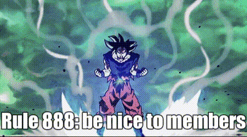 a cartoon character is standing in front of a green background with the words rule 888 : be nice to members .
