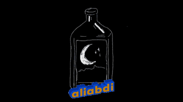 a drawing of a bottle with a crescent moon and the word aliabadi
