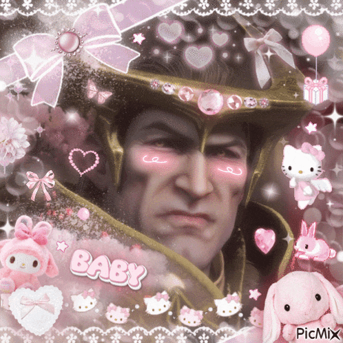 a picture of a man with pink hearts and the word baby