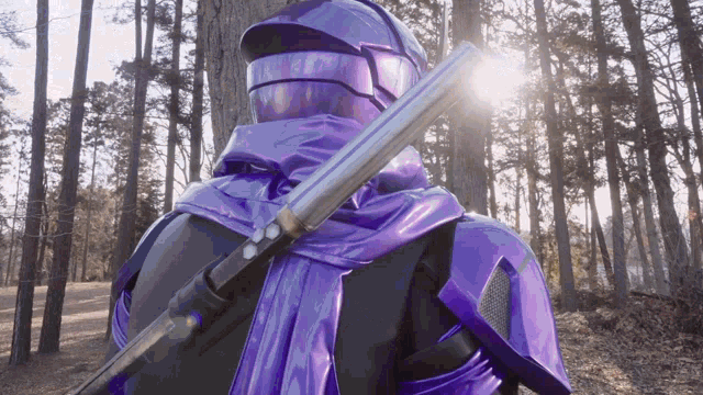 a person in a purple costume holding a sword in the woods