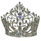 a silver crown with rhinestones and a blue stone in the middle on a white background .