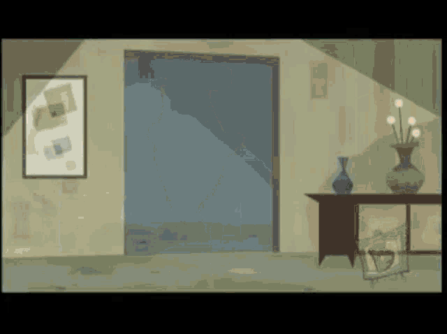a cartoon drawing of a living room with a vase on the table