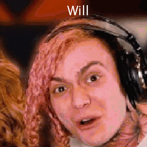 a woman wearing headphones is making a funny face and the word will is on the bottom .