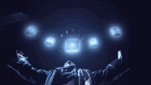 a person with their arms outstretched surrounded by blue lights