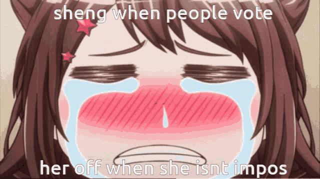 a picture of a girl crying with the words sheng when people vote her off when she isn t impos
