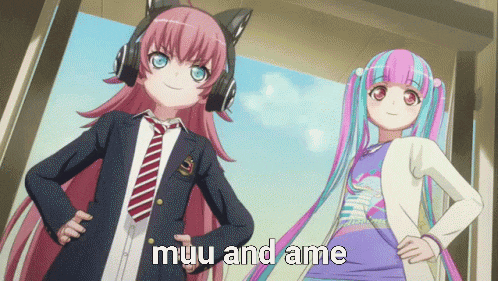 two anime girls standing next to each other with the words muu and ame written on the bottom