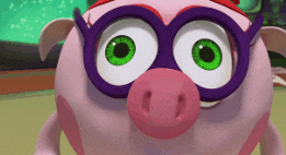 a close up of a cartoon pig wearing glasses and a red hat