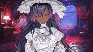 a girl in a white dress is holding a cup