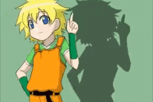 a cartoon boy with yellow hair and a blue shirt with a yellow star on it is pointing up .