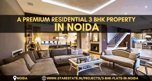 an ad for a premium residential 3 bhk property in noida shows a living room