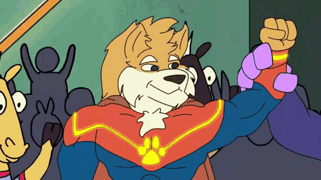 a cartoon of a dog in a superhero costume flexing his muscles
