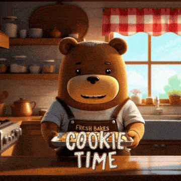 a teddy bear is holding a tray of cookies with the words cookie time written on it
