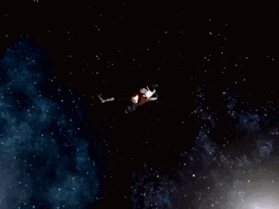 a cartoon character is flying through a starry sky .