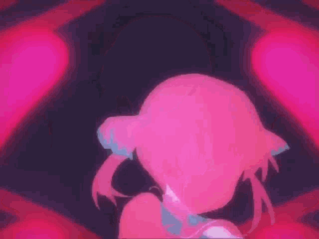 a pink anime girl with big breasts is standing in a dark room with a red background .