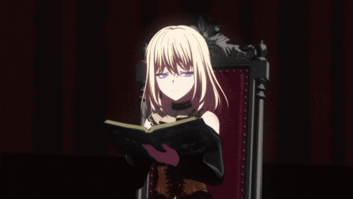 a girl is sitting in a chair reading a book with her eyes closed