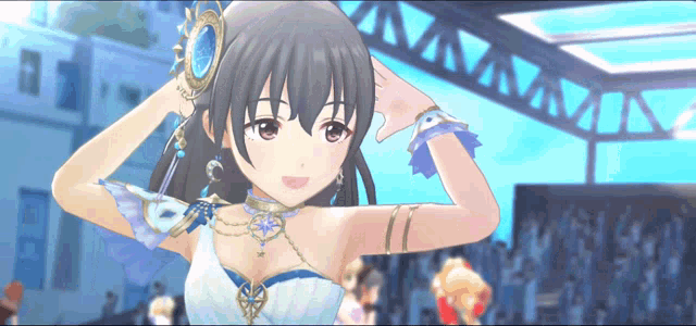 a girl in a white dress with a blue stone in her hair is smiling