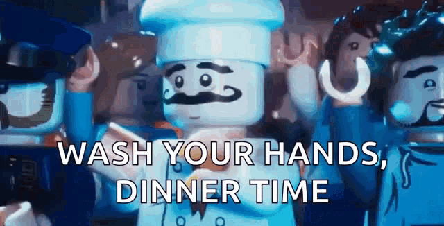 a group of lego characters are standing next to each other with the words `` wash your hands , dinner time ''
