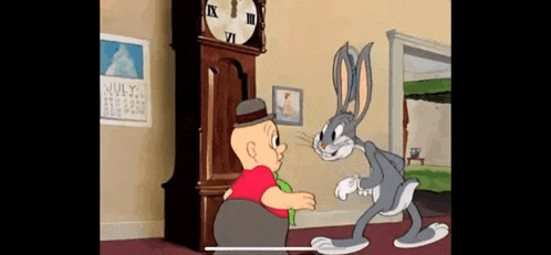 bugs bunny and elmer fudd are standing in front of a grandfather clock in a room .