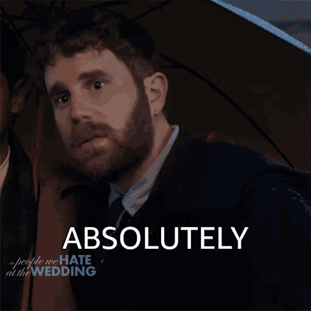 a man in a suit and tie is holding an umbrella with the word absolutely written below him