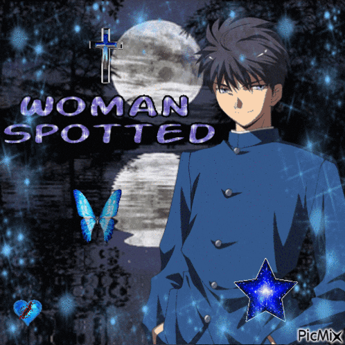 a picture of a man with the words woman spotted written above him