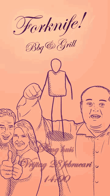 a poster for forknife bbq & grill shows a man holding up a cup