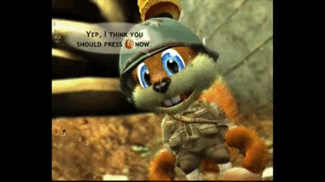 a cartoon squirrel wearing a military uniform and helmet is talking to someone in a video game .