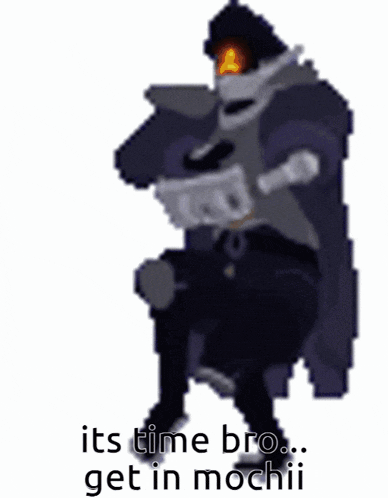 a pixel art of a man holding a gun with the words " its time bro get in mochii " below him