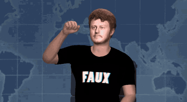 a man wearing a shirt that says faux is pointing