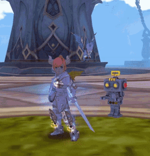 a girl with horns and a sword stands next to a small robot