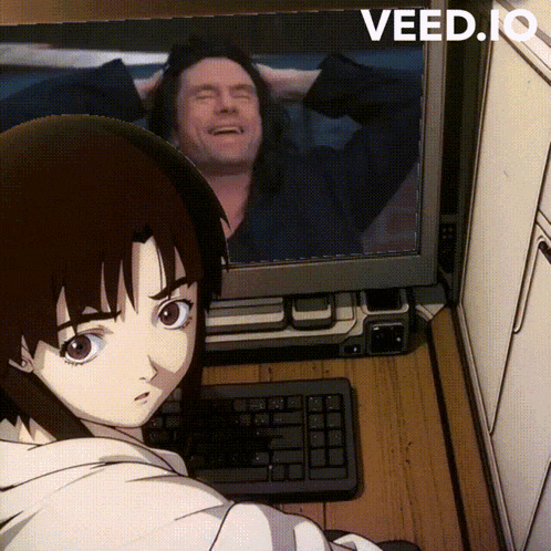 a cartoon girl sits in front of a computer monitor with the word veed.io on the bottom right
