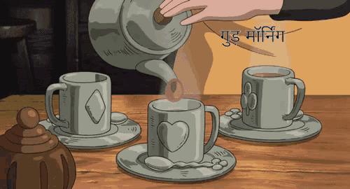 a cartoon drawing of a person pouring tea into three cups with the words good morning in the background