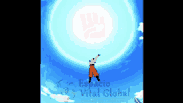 a poster for espacio vital global shows a cartoon character in the sky