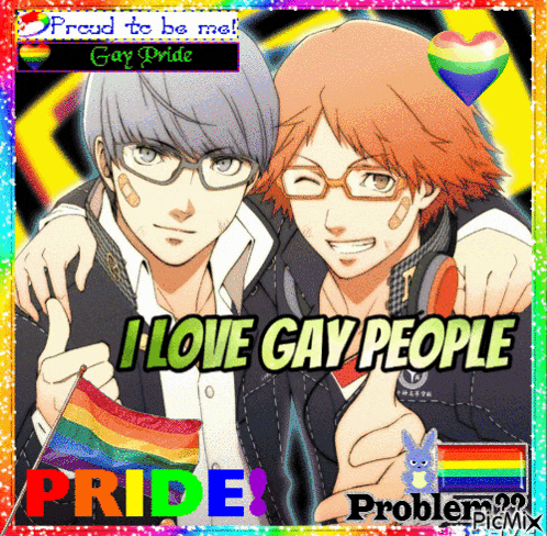 two anime characters holding a rainbow flag with the words i love gay people