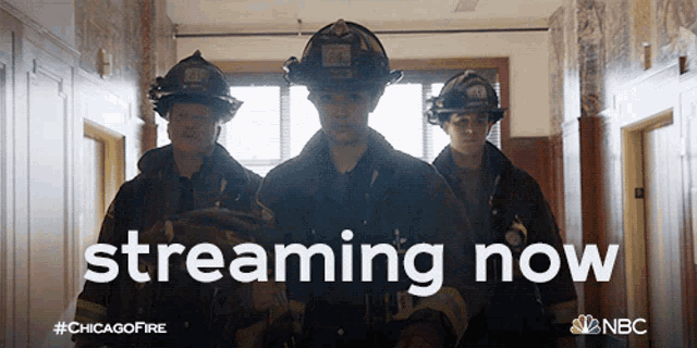 three firefighters are walking down a hallway with the words streaming now