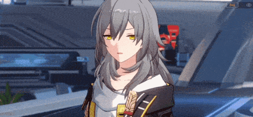 a gray haired anime girl with yellow eyes is standing in a room .